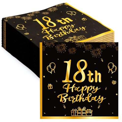 ZOCONE Lot de 60 serviettes jetables noires et dorées pour 18e anniversaire - Décorations de table pour homme et femme - Fournitures de fête d'anniversaire - Décoration de table d'anniversaire