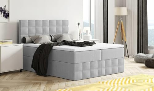 Generisch Moderne Boxspringbett MERA Premium Bett mit Bettkasten Ziernähten Bonell Matratze H3 Federkern Topper Polsterbett Doppelbett Schlafzimmer (Hellgrau - Aura 15, 200x200)