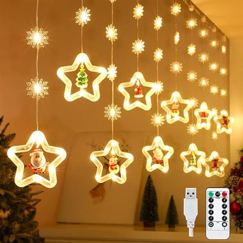 Arespark LED Sterne Lichterkette, 3M LED Lichtervorhang + 2,7M USB Kable, 120 LED Weihnachtsbeleuchtung 8 Modi IP65 mit Weihnachtsbaum Weihnachtsmann Für Weihnachten Balkon Hochzeit