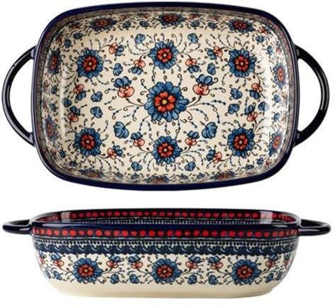 MEMEM Baking DishBaking Dish Vintage Ceramic Baking Dish Household Handle Bowl Tableware Creative Double Ear Bowl Soup Bowl Salad Plate Baking Tray(27.6cm)