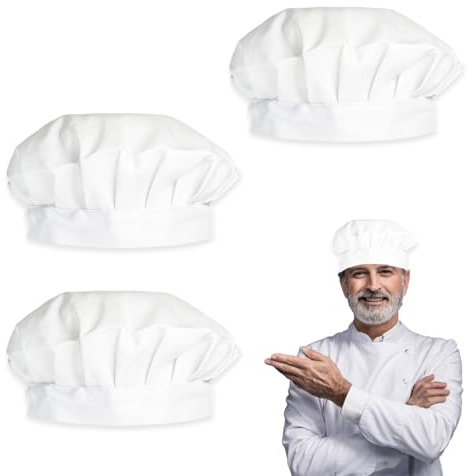 3 Stück Kochmütze Weiß Unisex Kochhaube Elastisch Bäckermütze Kochmützen | atmungsaktives Polyester, Pilzform, für Gastronomie, Bäckerei & Küche, hygienischer Haarschutz, dreiteiliges Zubehör