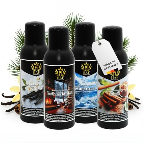 HAF Saunaaufguss Set „Weihnachtszauber“ - 4 x 100ml Sauna Aufgussmittel Vanille, Weihnachtsduft, Wintertraum, Zimt - Saunaduft mit natürlichen ätherischen Ölen & ohne Zusätze
