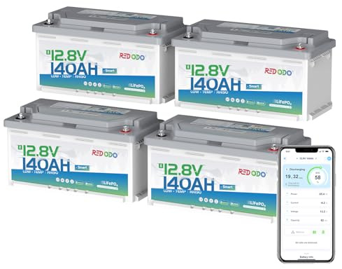 Redodo 4 Pack 12V 140Ah Untersitz Bluetooth LiFePO4 Batterie mit 189mm Höhe | Niedrigtemperaturschutz, 1792Wh, 150A BMS, Ideal für Wohnmobil, Solaranlagen, Marineanwendungen, Boote IP65 wasserdicht