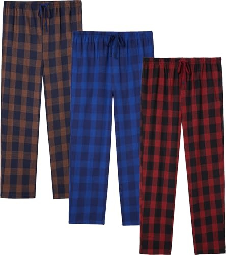 JupiterSecret Mens Pyjama Pants Set Flannel Plaid Sleep & Lounge Pants, PJ Bottoms with Pockets and Button Fly