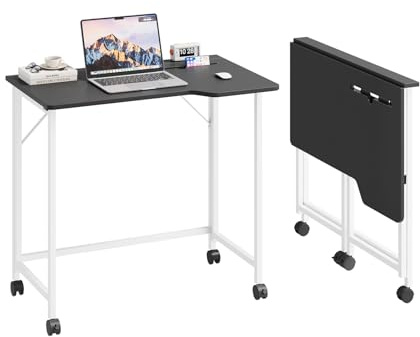 Dripex Faltbar Tisch, 80 x 52 cm Platzsparender Schreibtisch Klappbar Computertisch mit Tablet Steckplatz und Rollen Ergonomisches L Design PC Klapptisch für Homeoffice Arbeitszimmer(Schwarz)