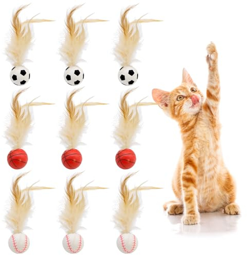 Mudoulu 9 Stück Hüpfender Katzenball mit Feder, Interaktives Katzenspielzeug Ball Gummi-Federbälle für Katzen zum Spielen Drinnen und Draußen, Trainingsspielzeug für Hauskatzen