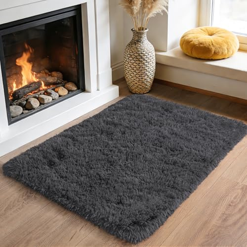 BSGIFT Teppich 60x110 Anthrazit Hochflor, Shaggy Langflor Flauschiger Teppich Läufer für Bettvorleger Schlafzimmer Wohnzimmer, Modern Kuschelteppich Langflor High-Pile Carpet rutschfest