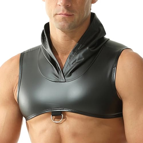 QiaTi Men's Faux Leather Vest Undershirt Mens Sleeveless Tank Top Zipper Stand Collar Shirt Muscle Waistcoats