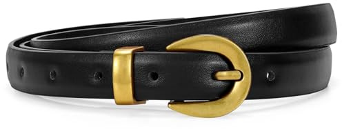 WERFORU Women Leather Belt for Jeans Pants Thin Belts for Women Fashion Waist Belt with Gold Buckle 0.7 Width