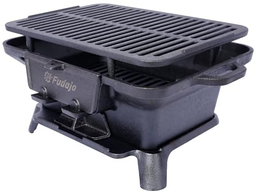 Portable Cast Iron Grills Outdoor, Rectangular Tabletop Charcoal Grill with Skillet, Durable Small Hibachi Griller for Camping, Tailgating, BBQ, Hunting, 19.6 Inches, Black, 26 lbs