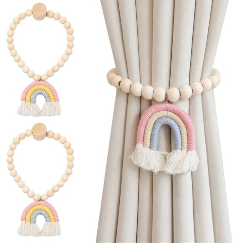 Vorhang Raffhalter Regenbogen 2 Stück, Magnetic Curtain Tiebacks Tassels, Vorhang Raffhalter Kinderzimmer, Magnetische vorhang Raffhalter Baumwollseile, Gardinenraffer aus Holz für Haus, Büro, Home
