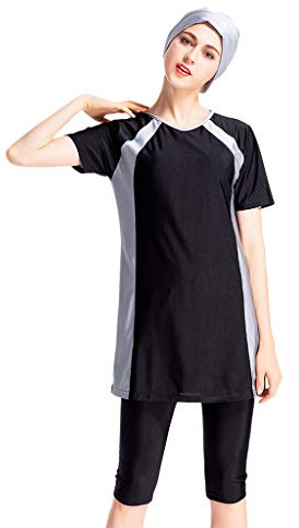 Damen Muslim Bademode Modest Tankini Islamisch Kurzärm Schwimmoberteile+Schwimmhose+Hijab 3tlg Ganzkörper Schwimmanzug