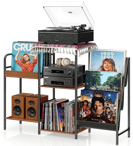 Qlearsoul Record Player Stand with Vinyl Record Storage, Turntable Stand Table Holds Up to 280 Albums, Record Player Cabinet with 3-Tier Shelves, Vinyl Storage Cabinet for Living Room