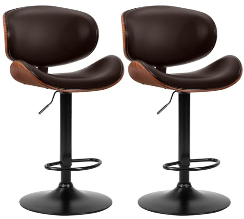 DUMOS Swivel Bar Stools Set of 2, Adjustable Counter Height Bentwood BarStools, PU Leather Upholstery Bar Chair with Ergonomic Back and Footrest, Counter Stools for Bar, Home Kitchen Island, Brown