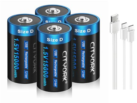 CITYORK 4 Pack USB D Lithium Rechargeable Battery, 1.5V 15000mWh D Cell Batteries Rechargeable with Type C Port Cable