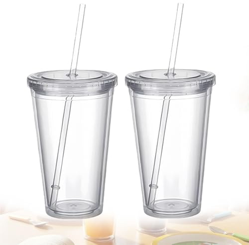 2 stycken hårda plastmuggar resemuggar med sugrör och lock, 450 ml transparent plastmuggar, återanvändbara koppar, transparent drickkopp för fruktjuice smoothie juice kaffe