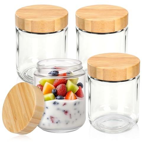 4PCS Overnight Oats Jar 500ml, Bocaux en Verre Réutilisables, Pot Yaourt Avoine, Bocal avec Couvercles Bois à Vis Scellés pour Hermétique Préparation des Repas, Yaourt, Salades