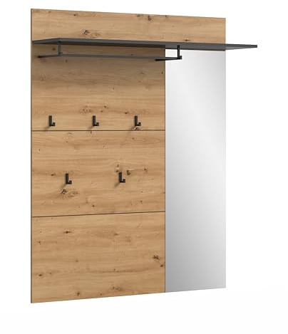 xonox.home – Garderobenpaneel inkl. Spiegel Canu 120x147x29 cm in Artisan und Basalt grau – Wandgarderobe mit Ablage, 5 Haken & Garderobenstange – Komplettes Paneel für Ordnung im Eingangsbereich