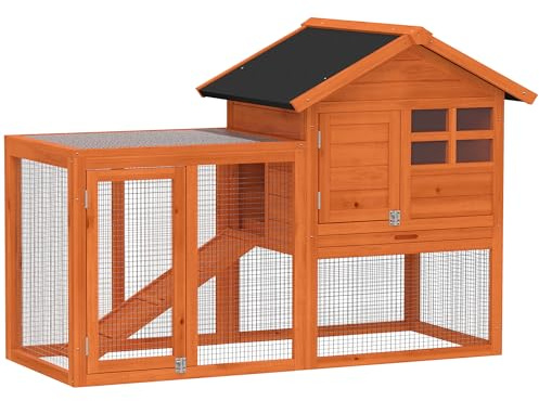 PawHut Hasenstall 2 Etagen aus Holz für Kaninchen 123,5x62,6x92,5 cm Orange | Wasserdichtes Bitumendach, Kaninchenstall, Kaninchenkäfig, Freilaufgehege, Rampe, Türen, Hasenkäfig, für Hühner Enten