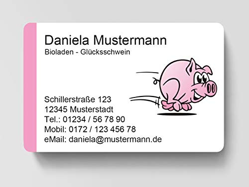 100 Visitenkarten, laminiert, 85 x 55 mm, inkl. Kartenspender - Biolandhof Schwein Glück
