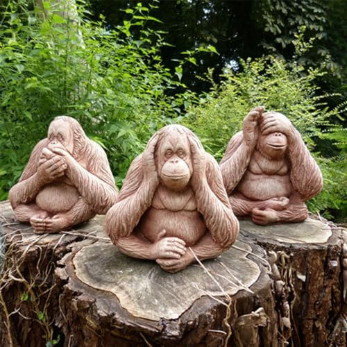 Garden Mile 3pc Wise Monkeys Stone Effect Garden Ornaments Large Hear No, Speak No, See No Evil Resin Statues Home Garden Pond, Unique Ornaments Novelty