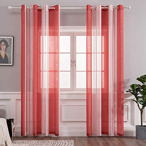 MIULEE Gardinen Gestreift Transparent mit Ösen, Voile Vorhänge Wohnzimmer Modern 2er Set, Vorhang Schlafzimmer Transparent mit Rot Weiss Gestreift Muster, Vorhang Halbtransparent Streifen 140X245 cm