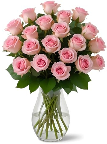 18 Pink Roses in Glass Vase | Arabella Bouquets | Real Fresh Flowers for Delivery, Gift for Birthday, Congratulations, Anniversary, Mother's Day