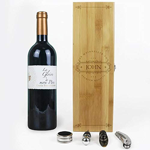 CADEAUX.COM Gravierte Sommelier-Box Premium - Dekantierset Sommelier Set, 4 Weinzubehör - Personalisierbares Geschenk