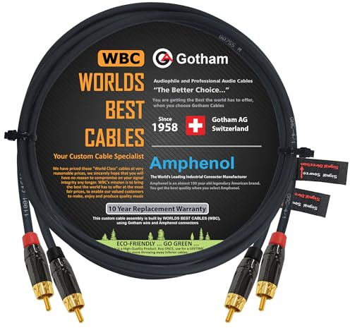 WORLDS BEST CABLES 0.5 Meter RCA Câble Paire - Gotham GAC-4/1 (Black) Star-Quad Symétrique Audio Interconnect Câble avec Amphenol ACPL Black Chrome Body, Gold Plated RCA Connecteurs - Directional