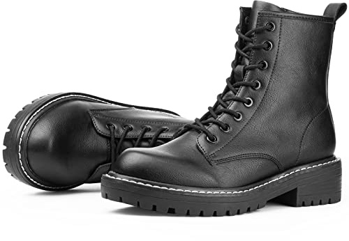 ICHIGO Women’s Fashion Ankle Booties Causal 8-Eye Side Zipper Lace-up Combat Boots(Black leather 5.5)