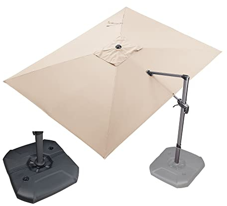 PURPLE LEAF 9' X 11.5' Patio Umbrella with Base Outdoor Cantilever Rectangle Umbrella Offset Umbrella with 360-degree Rotation for Garden Deck Pool Patio, Beige