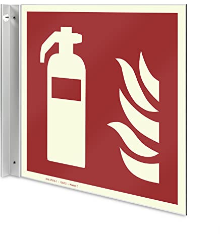 Betriebsausstattung24 Fahnenschild Feuerlöscher Aluminium 20,0 x 20,0 cm | Aluminium Verbund Platte - Symbol Beidsetig - Nachleuchtend - DIN EN ISO 7010 - F001 - ASR 1.3