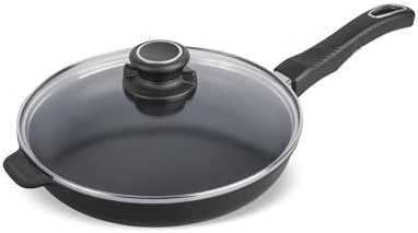 Pfannen-Set Original Gundel GUSS-BRATPFANNE mit Glasdeckel INDUKTION flach, Ø 24 cm, Höhe 4,5 cm, BIOTAN-Oberfläche, schadstofffrei, abnehmbarer Designer-Stiel