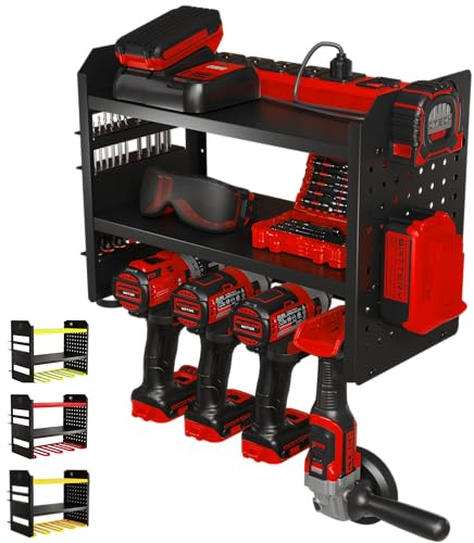 BUILTSTRONG Elektrowerkzeug-Organizer, Wandhalterung – 3-stöckiges robustes Metall-Handwerkzeug-Aufbewahrungsregal, Allzweckregale, Bohrerhalter, Stecktafel-Seite und mehr – Garagenaufbewahrung,