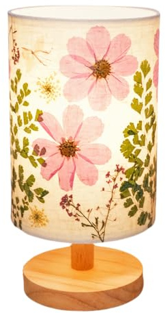 Floresita Dried Flowers Small Table Lamp 5W LED 3-Color Bedside Lamp Pressed Flowers Lampshade with Wood Base for Bedroom Living Room Desk Nursery