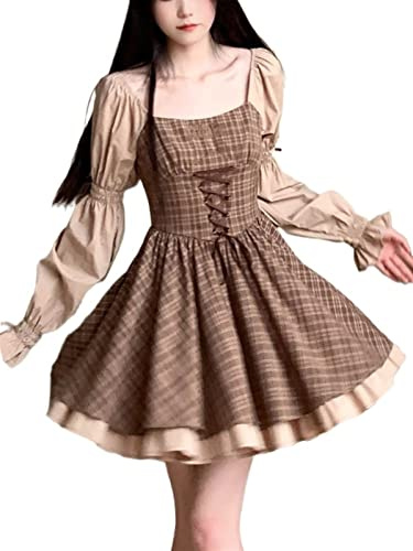 ZYSWCHB Kawaii Party Lolita Kleid Frauen Kausalen Langarm Y2k Mini Kleid Weibliche Plaid Dünnes Einteiliges Kleid (Color : Coffee, Size : L)