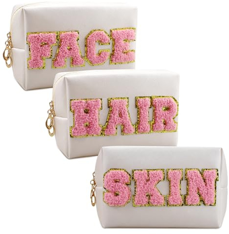 Reise Kosmetiktasche Klein, Preppy Kosmetiktasche PU Leder Toiletry Bag mit Reißverschluss, Wasserdicht Kosmetik Organizer Tasche für Damen Face Hair Skin Makeup Tasche 3 Stück