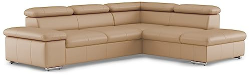 CAVADORE Leder-Ecksofa Valerie mit Ottomane / Eckcouch mit Kopfteilverstellung + Metallfüßen / 272 x 73 x 226 / Echtleder Beige