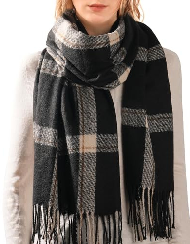 FURTALK Bufanda suave y cálida de cuadros grandes para mujer, otoño e invierno, Negro , Talla única