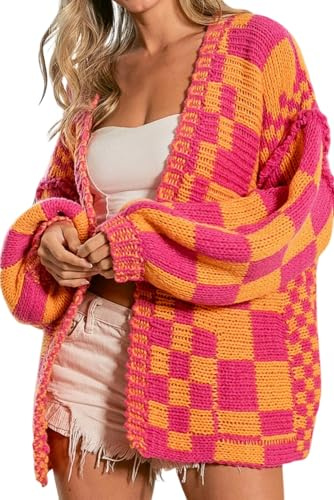 SELINK Women's Cardigan Sweater Vintage Open Front Mixed Checkered Pattern Chunky Knit Plaid Long Sleeve Daily Outwear, Multicolor, Small