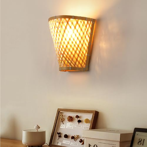 Schindora BohèMe inomhusvägglampa, rustik bambu vägglampa sovrum formad korg väggkorg handvävd lampskärm gård E27 vägglampa matsal sängbord hem