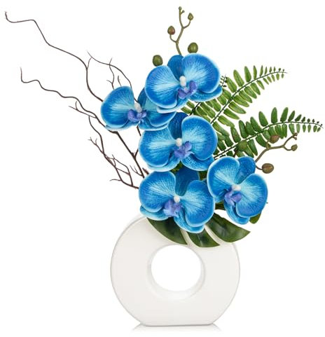 Kunstpflanze Orchideen mit Keramik Donut Vase Künstliche Deko Blumen Kunstblumen Wie Echt Mit Real-Touch Blüten im Keramiktopf Tischdeko Fensterbank Deko, Höhe 41cm, Blau
