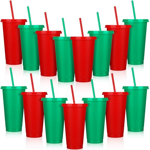 Hushee 15 vasos de Navidad con popote y tapa, reutilizables, vasos de Navidad de 24 onzas, vasos de plástico rojo y verde para regalos de Navidad, decoraciones de fiesta de Navidad, suministros de