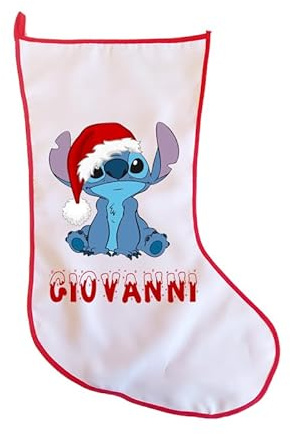 Calza della befana con stampa personaggio a scelta personalizzabile con testo o nomi idea regalo da appendere al camino, all'albero di natale (Stitch)