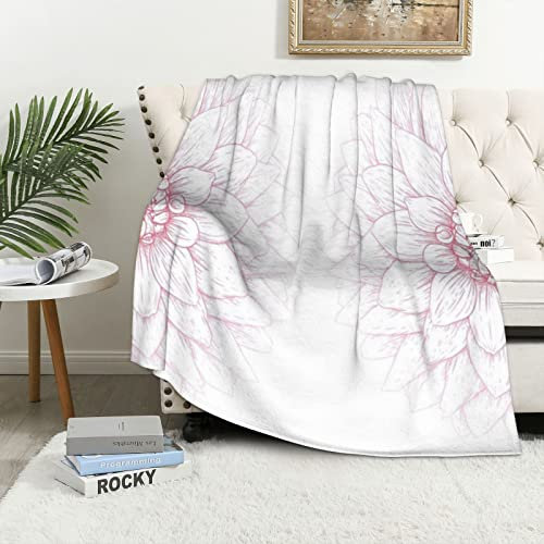 Dahlien-Muster, große Flanell-Fleece-Überwurfdecke, Dahlien-Bild mit großen Blütenblättern, weiche Webdecke für Couch, gemütlich, warm, leicht und dekorativ, Weiß/Rosa, 203,2 x 152,4 cm