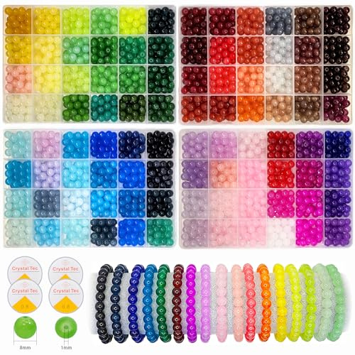 2500PCS 8mm Glass Beads Bracelet Making Kit, 96 Colors Crystal for Jewelry Making, 4 Box Round Suitable for Beginners