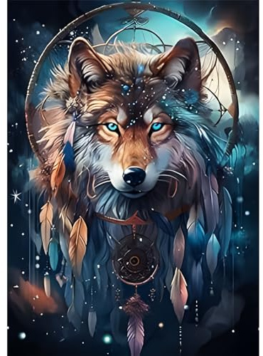 QENSPE Wolf Diamant Painting Bilder Kinder,5D Traumfänger Diamond Painting Set für Erwachsene,DIY Diamant Kunst Strass Bilder Kits,Runde Steine Diamant Painting Zuhause Dekor 30x40cm