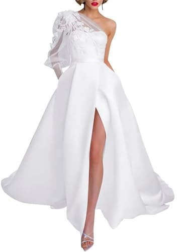 Un hombro apliques de encaje vestidos de fiesta de manga larga vestidos de novia de satén una línea de princesa vestido de baile WSX468, blanco, 56