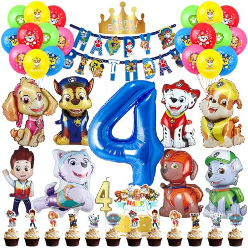 Patrol Geburtstag Deko 4 Jahre, Paw Luftballon Kindergeburtstag Jungen Mädchen, Cartoon Dog Ballons Set, Hund Dog Patrol Blau Luftballon 4 Geburtstag, Tortendeko für 4 Jahre Kindergeburtstag Partydeko