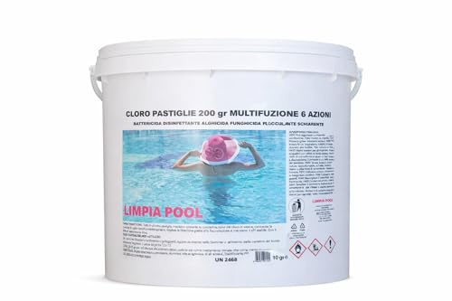 Limpia Pool Cloro per piscina Multifunzione 6 Azioni: compresse pastiglie multiazione Acqua Perfetta in una Pastiglia da 200 gr (10, Chilogrammi)